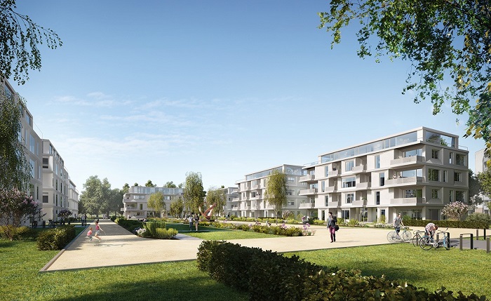 Die Wohnanlage „W100“ wird 182 helle Wohnungen bieten (Abb.: Ludwig Hoffmann Quartier)
